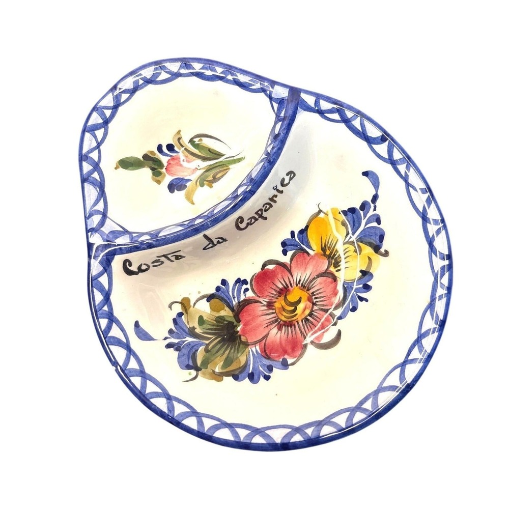 Hand Painted Portugal Costa da Caparica Floral Divided Ceramic‎ Serving Dish